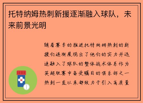 托特纳姆热刺新援逐渐融入球队,未来前景光明
