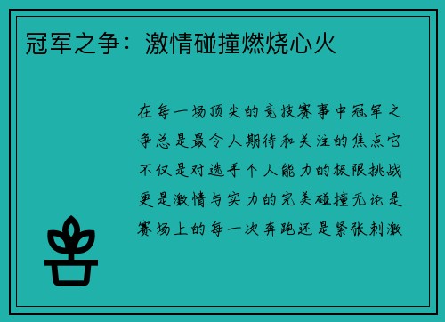 冠军之争:激情碰撞燃烧心火