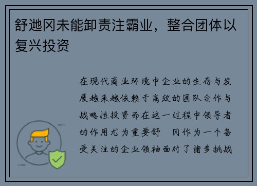 舒逇冈未能卸责注霸业,整合团体以复兴投资