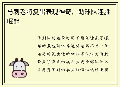马刺老将复出表现神奇,助球队连胜崛起
