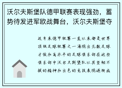 沃尔夫斯堡队德甲联赛表现强劲,蓄势待发进军欧战舞台,沃尔夫斯堡夺德甲冠军