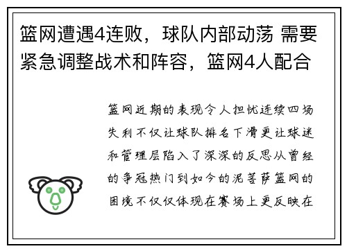 篮网遭遇4连败,球队内部动荡 需要紧急调整战术和阵容,篮网4人配合