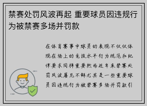 禁赛处罚风波再起 重要球员因违规行为被禁赛多场并罚款