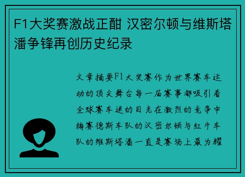 F1大奖赛激战正酣 汉密尔顿与维斯塔潘争锋再创历史纪录